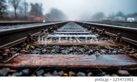 霧の中に消えるレール、クールなブルートーン、孤独と旅のコンセプト 125472901