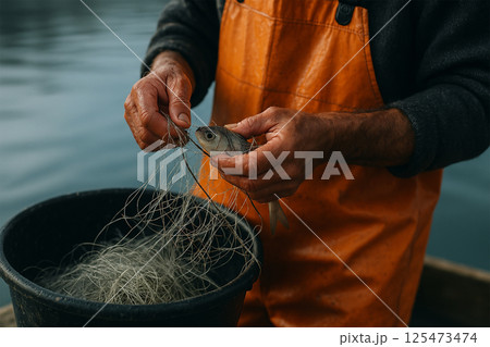 漁網から魚を外す漁師の手元作業 125473474