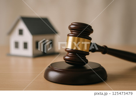 不動産と法律の関係を示す木槌と家の模型 125473479