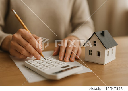 住宅購入資金を計算する手元と模型 住宅購入資金を計算する手元と模型 125473484