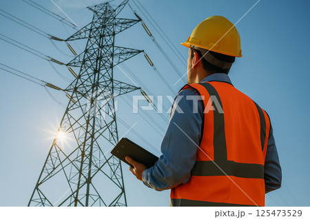 送電塔を点検する技術者 送電塔を点検する技術者 125473529