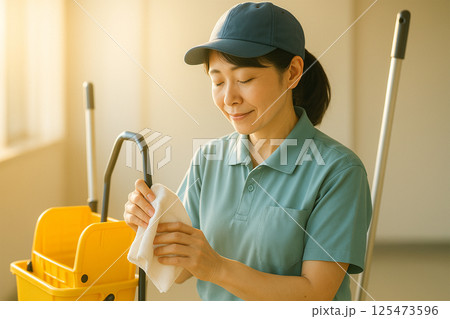 タオルで掃除道具を拭く日本人女性清掃員の温かい姿 125473596