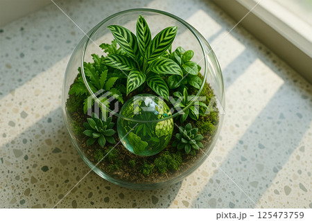 室内に広がる熱帯植物のガラステラリウム 室内に広がる熱帯植物のガラステラリウム 125473759