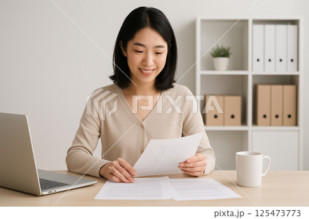 笑顔で資料を整える計画上手な日本人女性のデスクワーク 125473773