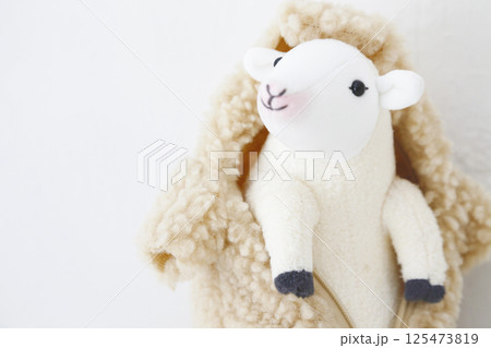 白い背景度撮った羊のぬいぐるみ 125473819