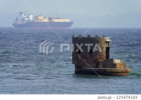 観音崎公園の水中聴測所跡と浦賀水道を行く大型船 観音崎公園の水中聴測所跡と浦賀水道を行く大型船 125474183