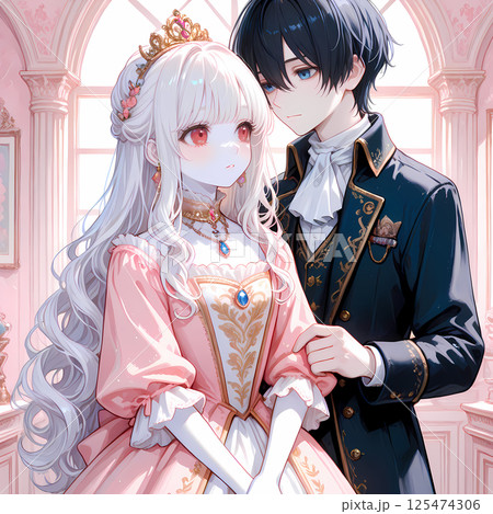 西洋風ファンタジーのヒロインとヒーロー。アルビノの少女と碧眼の青年の恋。少女漫画風のAIイラスト 西洋風ファンタジーのヒロインとヒーロー。アルビノの少女と碧眼の青年の恋。少女漫画風のAIイラスト 125474306