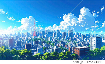 《AI画像》入道雲が広がる真夏の東京都市風景 125474490