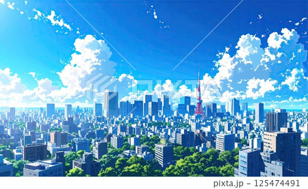 《AI画像》入道雲が広がる真夏の東京都市風景 125474491