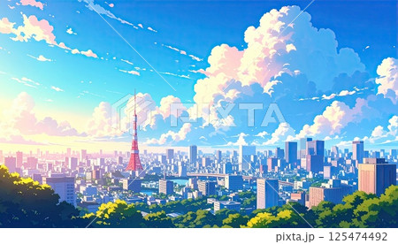 《AI画像》入道雲が広がる真夏の東京都市風景 125474492