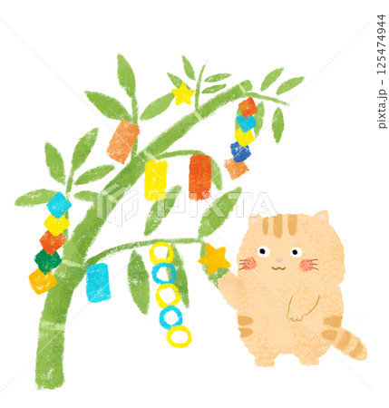 七夕の飾り付けをするねこ　クレヨンタッチ 125474944