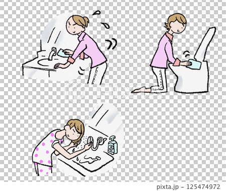 若い女性の朝シャン、洗面所掃除、トイレ掃除 125474972
