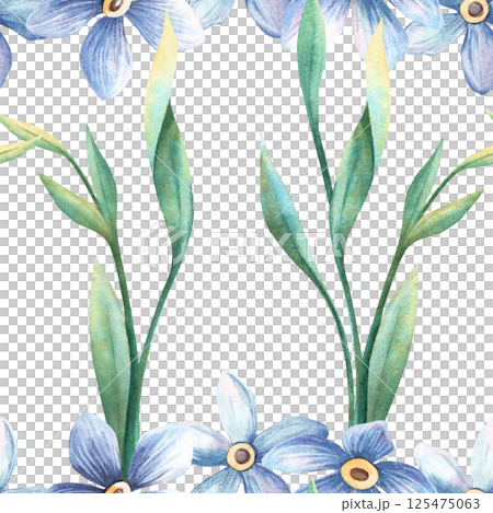Spring elegant floral seamless pattern - forget-me-not blue flowers with green foliage. Hand-painted watercolor illustration of botanical branches. Ideal for vintage fabrics, romantic background Spring elegant floral seamless pattern - forget-me-not blue flowers with green foliage. Hand-painted watercolor illustration of botanical branches. Ideal for vintage fabrics, romantic background 125475063