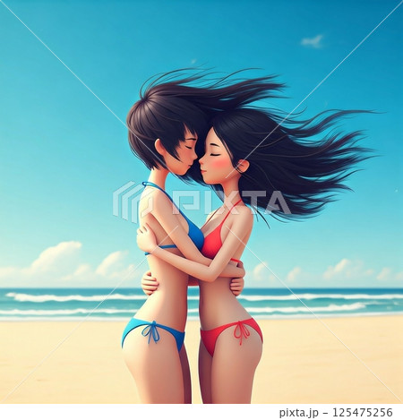 夏の浜辺でキスをしているビキニの二人の女の子 125475256
