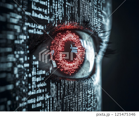 瞳のクローズアップに映るホログラフィックディスプレイのイメージ素材 125475346