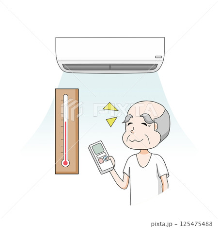 気温を確認してクーラーをつけるおじいちゃん 背景なし 125475488