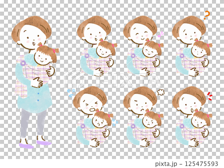 Set of facial expressions of a mother holding a baby in a baby carrier 125475593