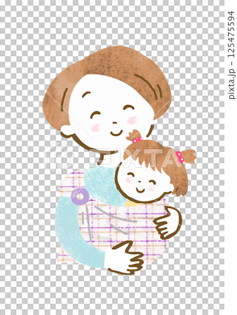 スリングで赤ちゃんを抱っこする笑顔の母親の手描きイラスト 125475594