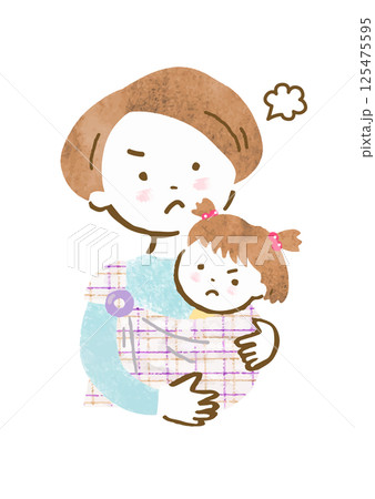 スリングで赤ちゃんを抱っこする怒った顔の母親の手描きイラスト 125475595