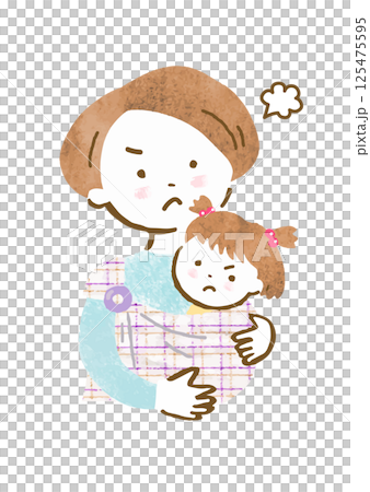 手繪插圖：一位滿臉怒容的母親用吊帶抱著嬰兒 125475595