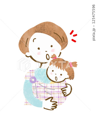 スリングで赤ちゃんを抱っこするびっくりした顔の母親の手描きイラスト 125475596