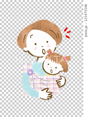 手繪插圖：一位母親驚訝地用吊帶抱著嬰兒 125475596