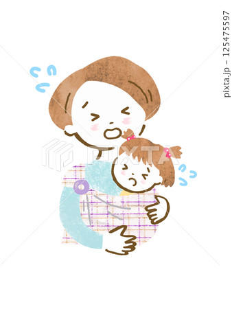 抱っこしている赤ちゃんが泣いて自分も困って泣いている母親の手描きイラスト 125475597