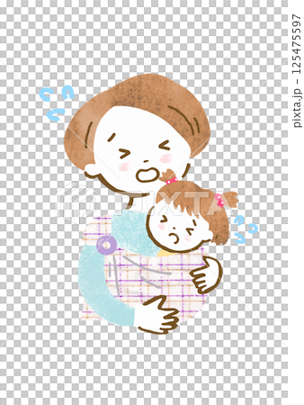 抱っこしている赤ちゃんが泣いて自分も困って泣いている母親の手描きイラスト 125475597