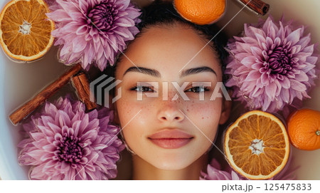 Tranquil Woman in Botanical Milk Bath with Purple Flowers 125475833
