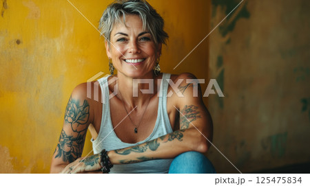 Joyful middle-aged woman with tattoo and friendly smile 125475834