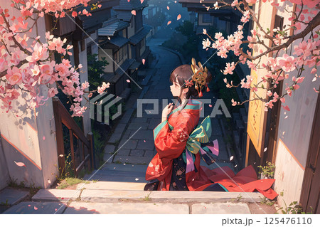 桜舞う京都の石畳で月夜にたたずむ着物姿の若い女性 桜舞う京都の石畳で月夜にたたずむ着物姿の若い女性 125476110