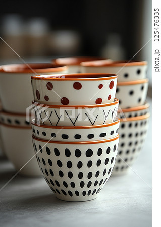 Variety of colorful cups  with a pattern on a white background. 125476335