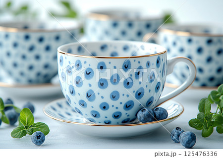 Set of blue cups  with a pattern on a white background. 125476336