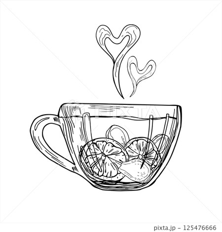 Monochrome vector glass teacup filled with lemon and ginger slices, topped with heart shaped steam swirl illustration. Autumn cozy tea party for colds graphic sketch. For herbal medicine packaging. Monochrome vector glass teacup filled with lemon and ginger slices, topped with heart shaped steam swirl illustration. Autumn cozy tea party for colds graphic sketch. For herbal medicine packaging. 125476666