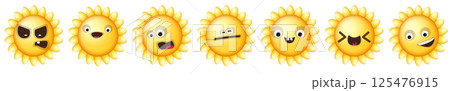 vector funny cartoon smiling sun character set isolated on white background. Funky SUN collection face with different expressions smiling, sad, angry, funny face. summer funky character set vector funny cartoon smiling sun character set isolated on white background. Funky SUN collection face with different expressions smiling, sad, angry, funny face. summer funky character set 125476915