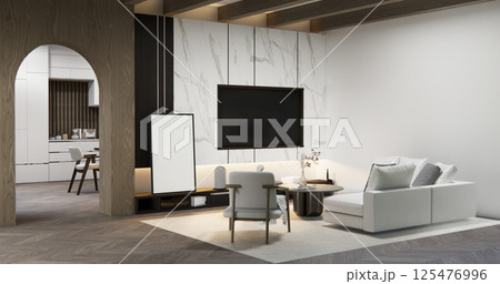 Living room with sofa and table on carpet minimalist design modern wooden style.3D rendering Living room with sofa and table on carpet minimalist design modern wooden style.3D rendering 125476996