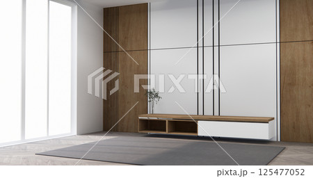 Mockup Empty cabinet shelf room minimal with modern wood panels wall background 3D illustration rendering 125477052