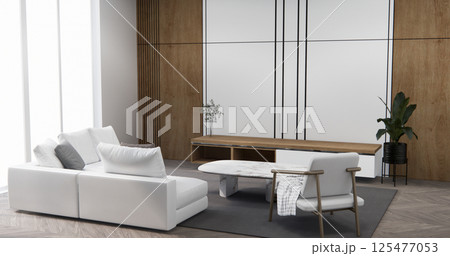 Living room with sofa and table on carpet minimalist design modern wooden style.3D rendering 125477053