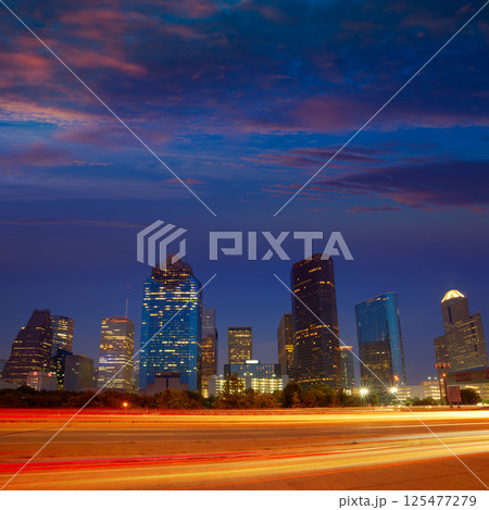 Houston downtown skyline at sunset dusk Texas Houston downtown skyline at sunset dusk Texas 125477279