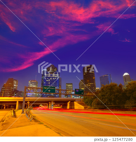 Houston downtown skyline at sunset dusk Texas Houston downtown skyline at sunset dusk Texas 125477280