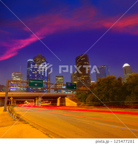 Houston downtown skyline at sunset dusk Texas Houston downtown skyline at sunset dusk Texas 125477281