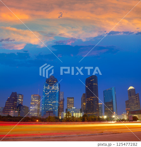 Houston downtown skyline at sunset dusk Texas Houston downtown skyline at sunset dusk Texas 125477282