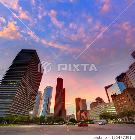 Houston Downtown skyline at sunset Texas US Houston Downtown skyline at sunset Texas US 125477391