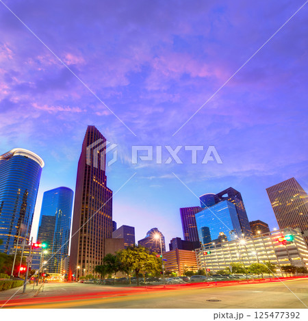 Houston Downtown skyline at sunset Texas US Houston Downtown skyline at sunset Texas US 125477392