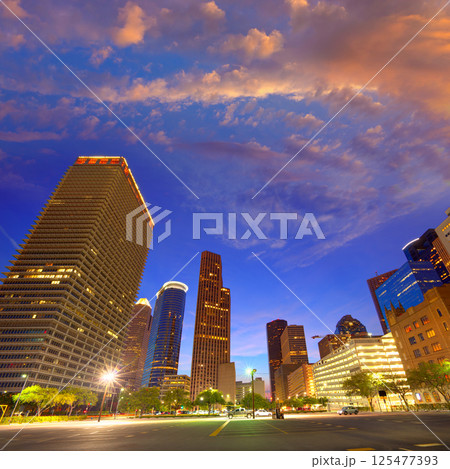 Houston Downtown skyline at sunset Texas US Houston Downtown skyline at sunset Texas US 125477393