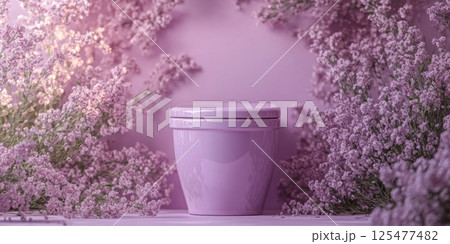 A spotless toilet bowl surrounded by pastel flowers, evoking a sense of cleanliness, freshness, and a serene bathroom setting. 125477482