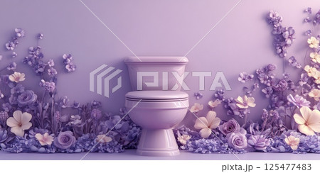 A clean toilet with blue and yellow flowers, highlighting hygiene, freshness, and a beautifully maintained bathroom. 125477483