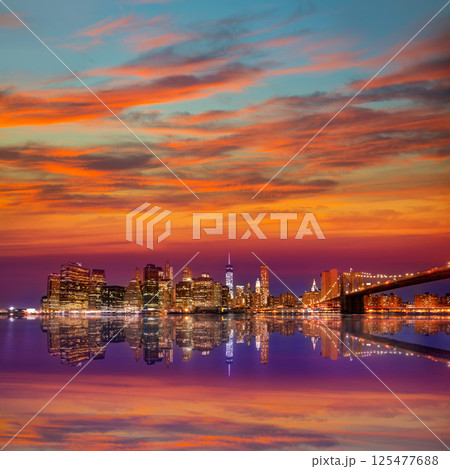 Brooklyn Bridge sunset New York Manhattan 125477688