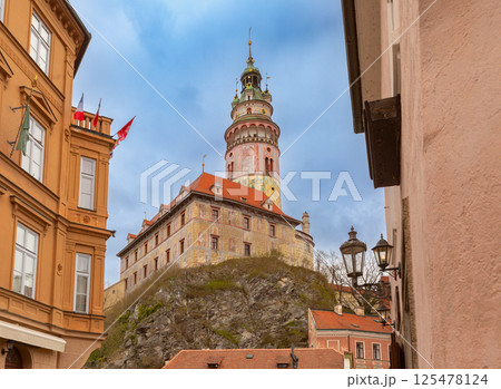 Cesky Krumlov historic tower view, Cesky Krumlov, Czech Republic 125478124