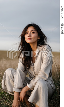 Portrait of a Young Woman in Beige Jumpsuit Sitting in a Dry Grass Field Portrait of a Young Woman in Beige Jumpsuit Sitting in a Dry Grass Field 125478245